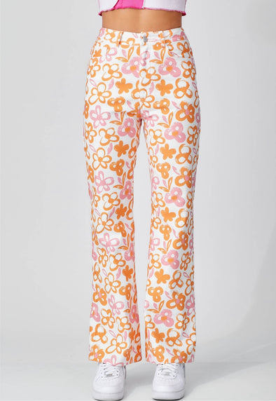 Orange floral print high waist pants