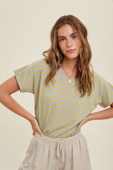 Mint/mustard multi strip knot top