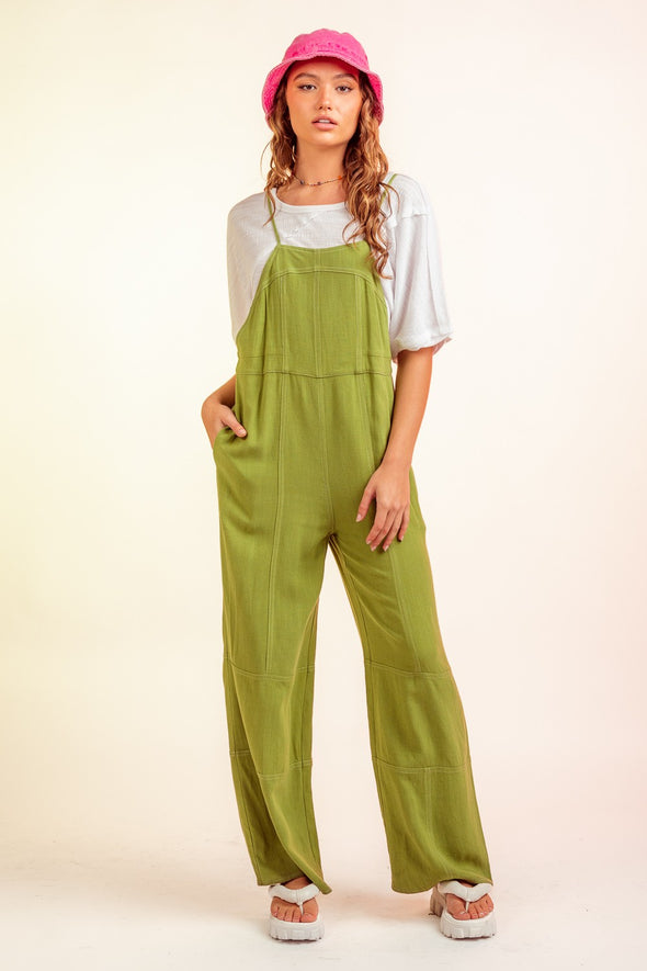 Green Sleeveless Woven Overall Jumpsuit w/ Pockets