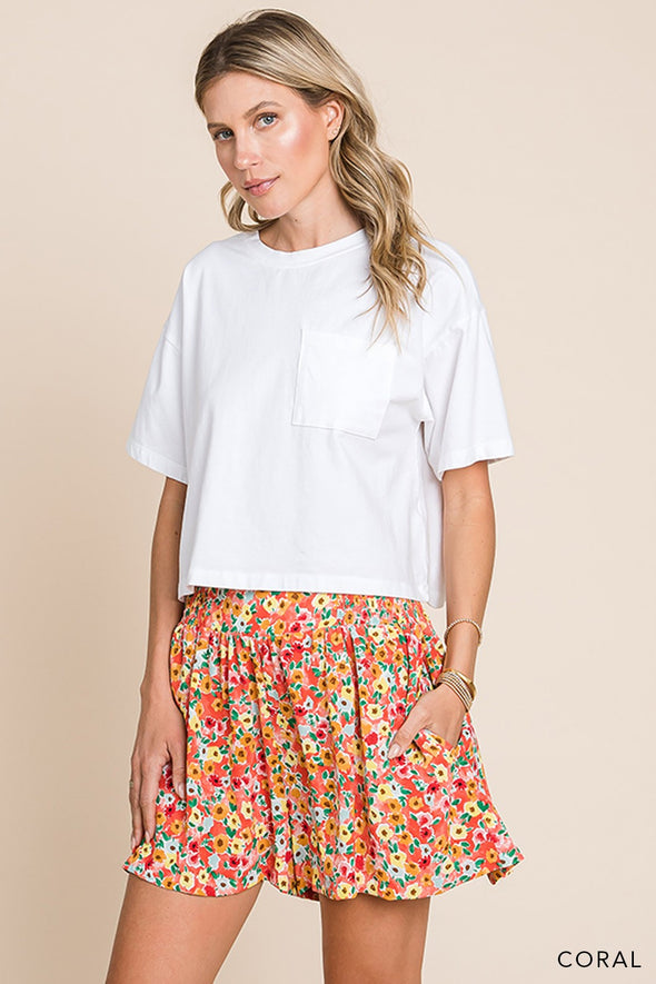 Coral Wide Leg Floral Shorts