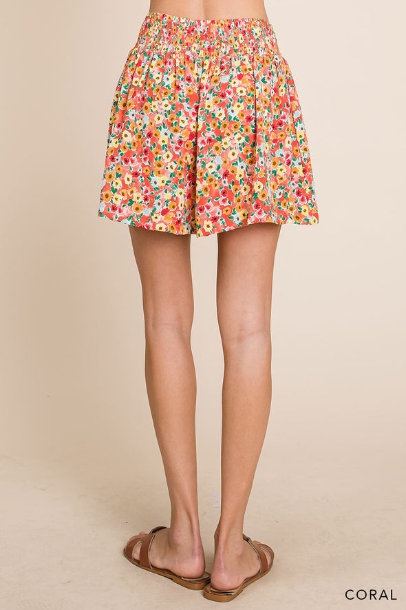 Coral Wide Leg Floral Shorts